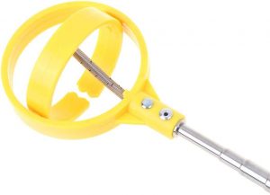 A yellow scissors with a handle and two blades.