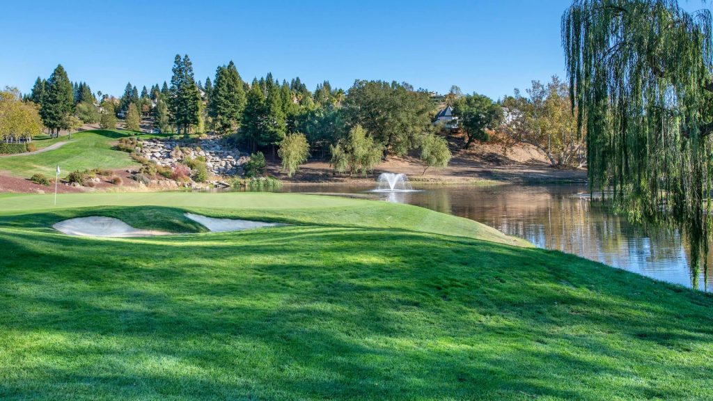 A golf course with water fountain and trees.