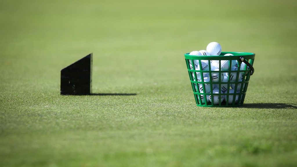 A basket full of golf balls on the green.