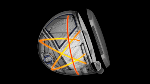 Golf club head with impact zones highlighted.